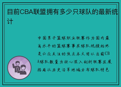 目前CBA联盟拥有多少只球队的最新统计