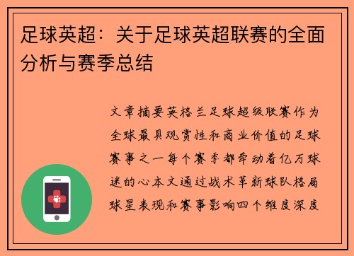 足球英超：关于足球英超联赛的全面分析与赛季总结